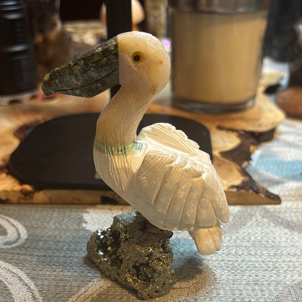 Carved Stone Pelican Figure in White and Green